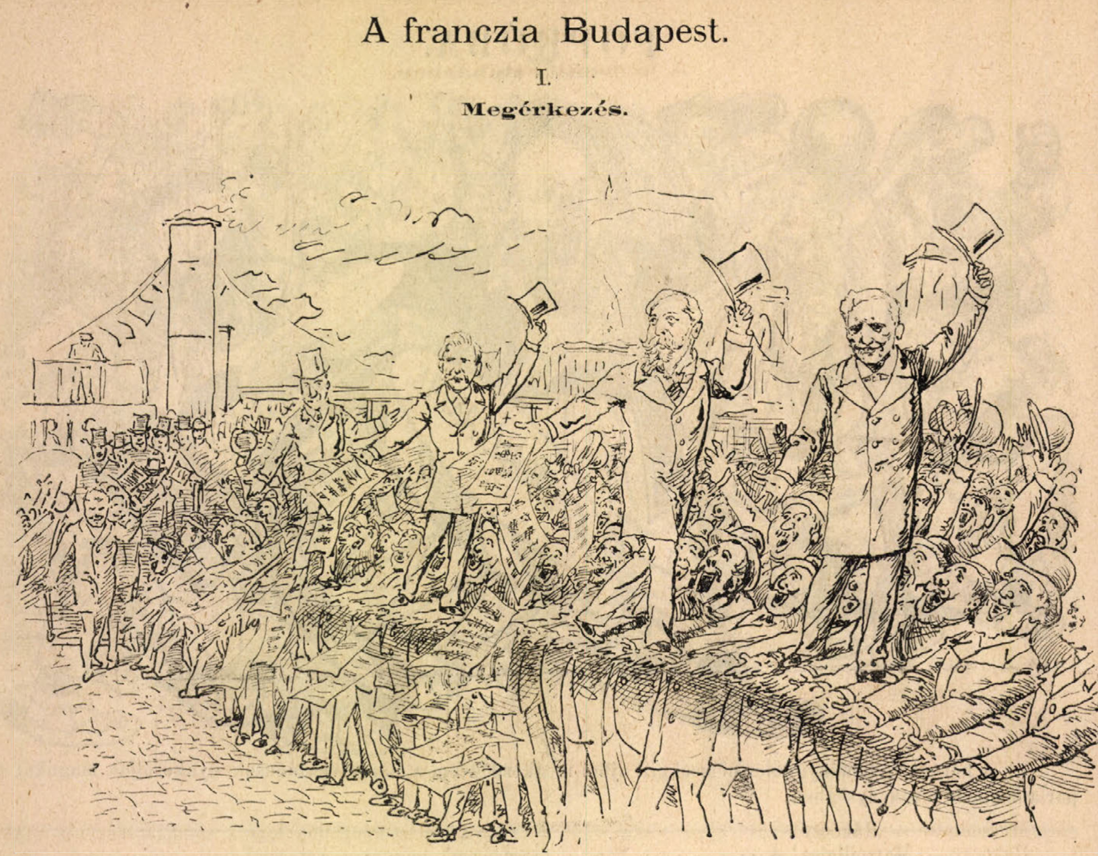 Karikatúra a francia küldöttség megérkezéséről (Borsszem Jankó, 1885. aug. 16.)