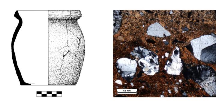 Azonos nyersanyagú Árpád-kori fazekak és vékonycsiszolataik mikroszkópos képe