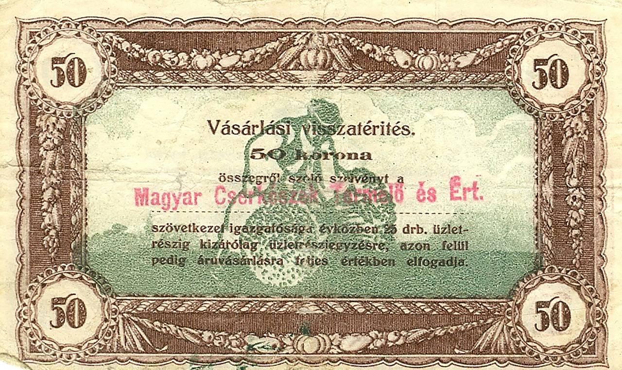 Magyar Cserkészek Termelő és Értékesítő Szövetkezetének 50 korona értékű vásárlási visszatérítése 