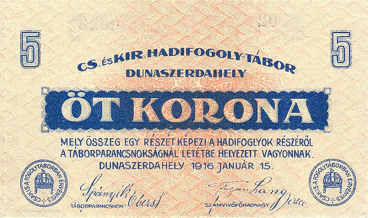Dunaszerdahelyi hadifogolytábor 5 korona értékű táborpénze, 1916 