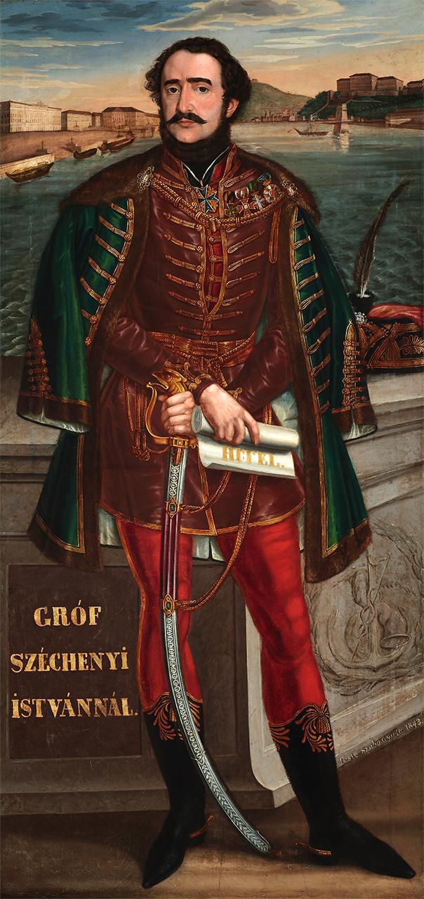 Széchenyi István képmása háttérben Pest-Buda látképe a tervezett Lánchíddal, 1843