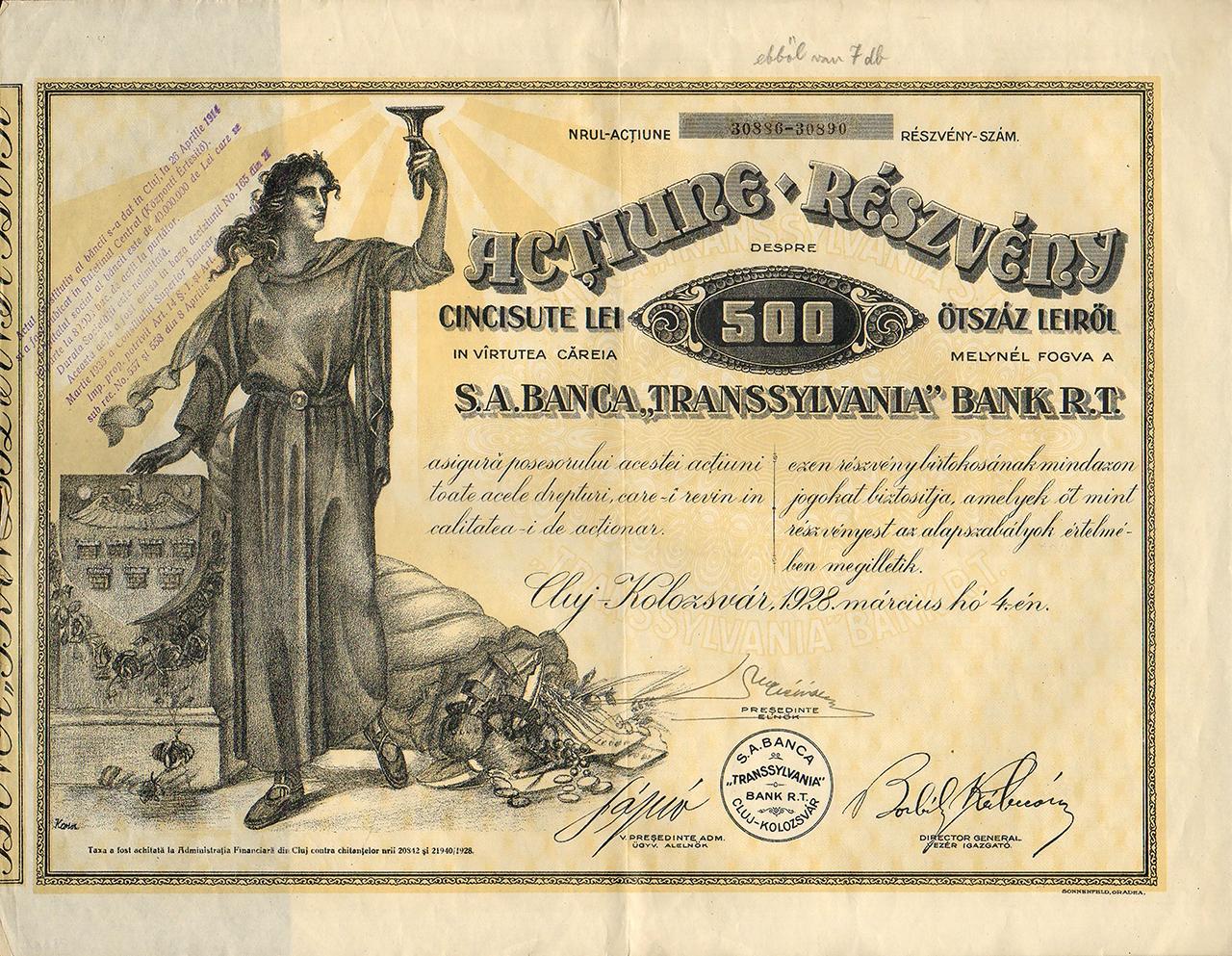 Az S.A.Banca Transsylvania Bank Rt. 500 lej értékű részvénye, 1928
