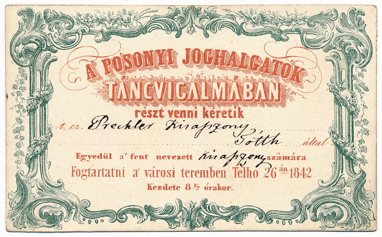 Meghívó jogász bálba 1842-ből 