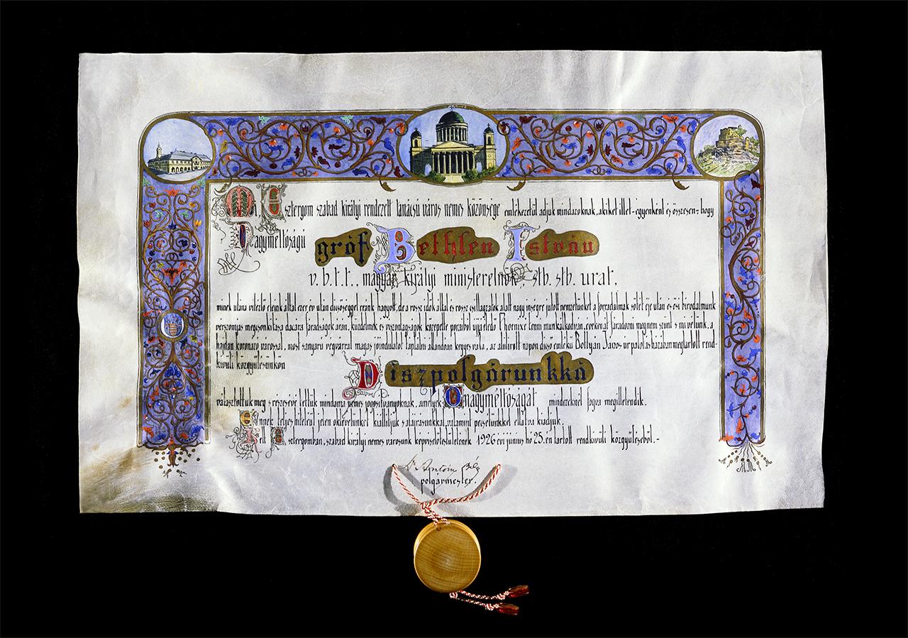 Kaposvár díszoklevele Bethlen István gróf részére, 1931. május 9. (Stefano Bethlen ajándéka, 2017) 