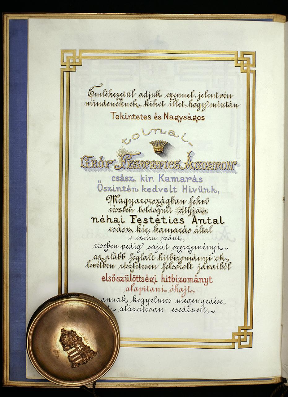 Tolnai gróf Festetics-család hitbizományi oklevele, 1900 