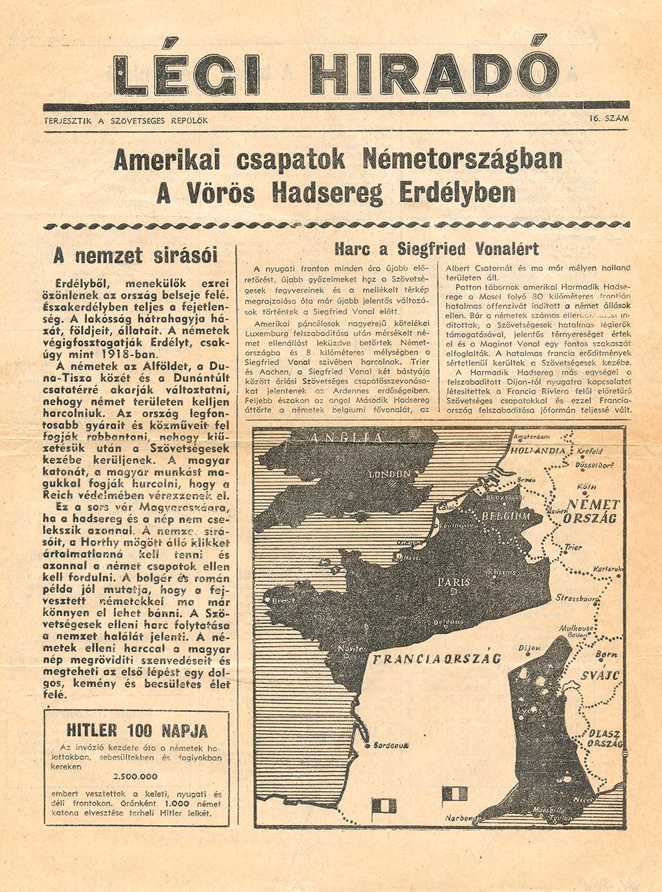 A szövetségesek légipropaganda röplapja, amelyet 1944. IX. 17-én repülőgépről szórtak le Budapest fölött 