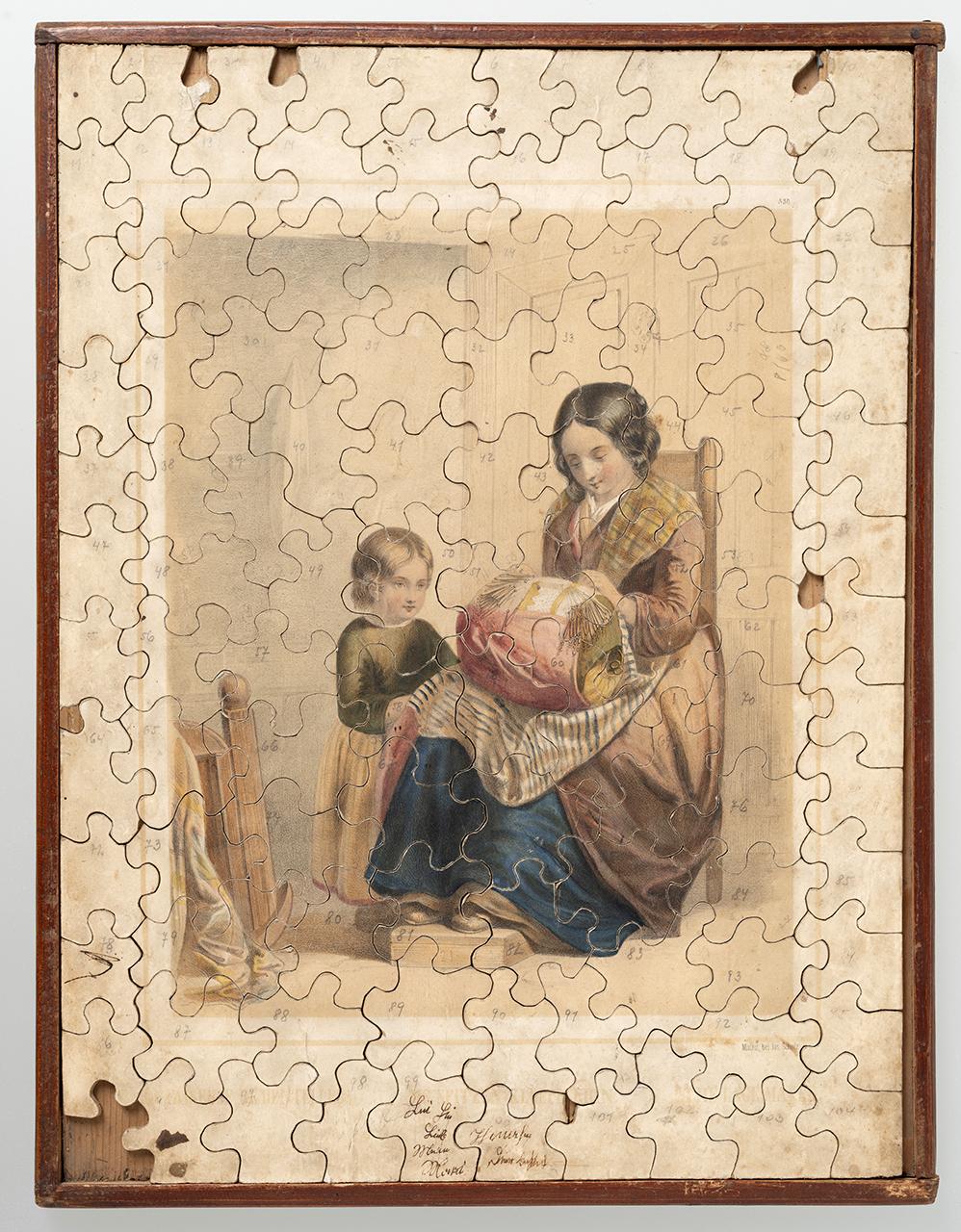 Képkirakó játék csipkeverő nő és gyermek ábrázolásával, Joseph Scholz kiadása, Mainz, 1840-es évek 