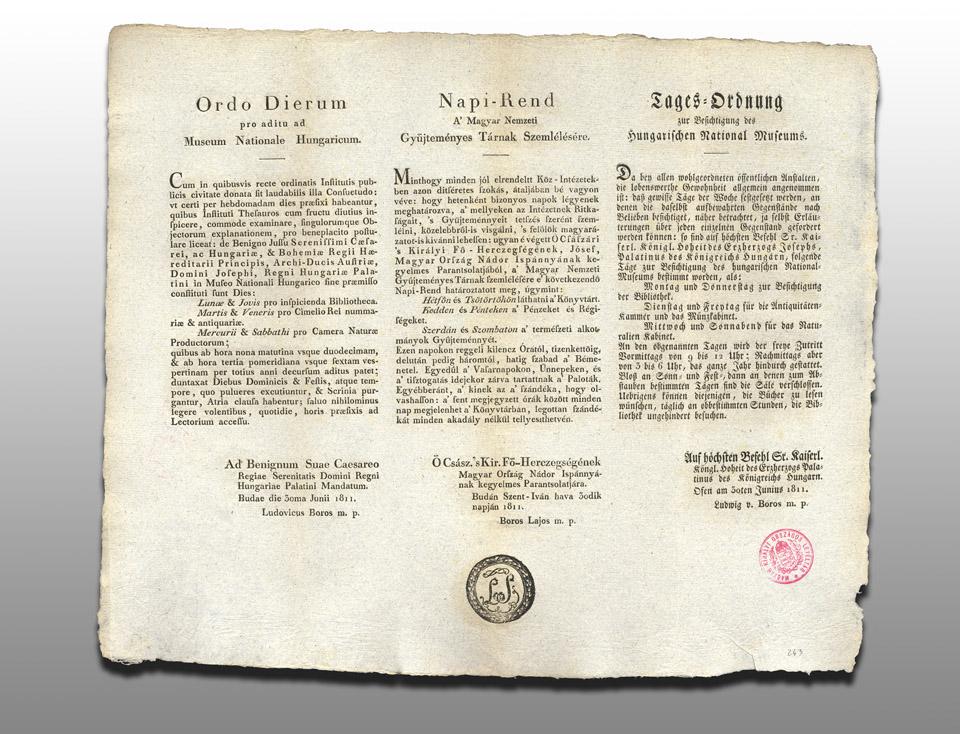 A Magyar Nemzeti Múzeum első nyitvatartási rendje, 1811.