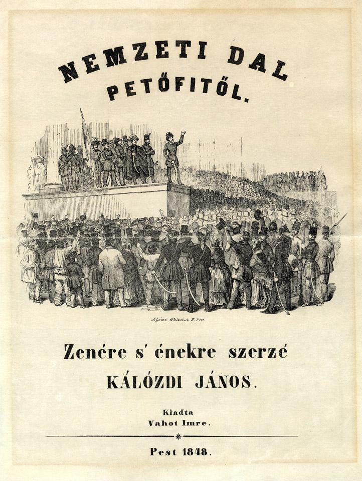 Az 1848. március 15-i forradalmi népgyűlés képe a Nemzeti dal egykorú kottacímlapján