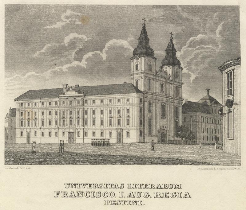 A Magyar Nemzeti Múzeum első két hajléka a pesti Egyetemi (korábban pálos) Templom két oldalán