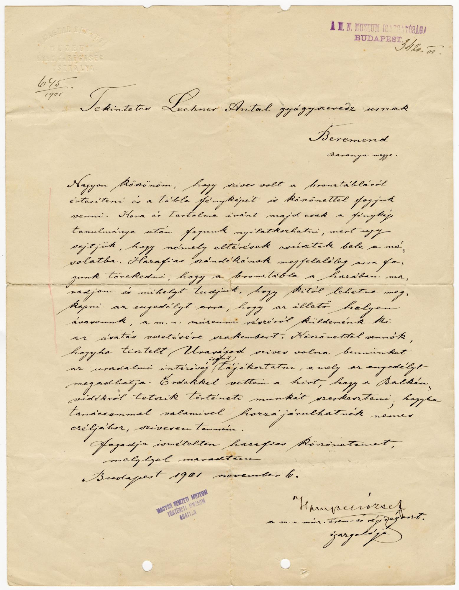 Hampel József levele.