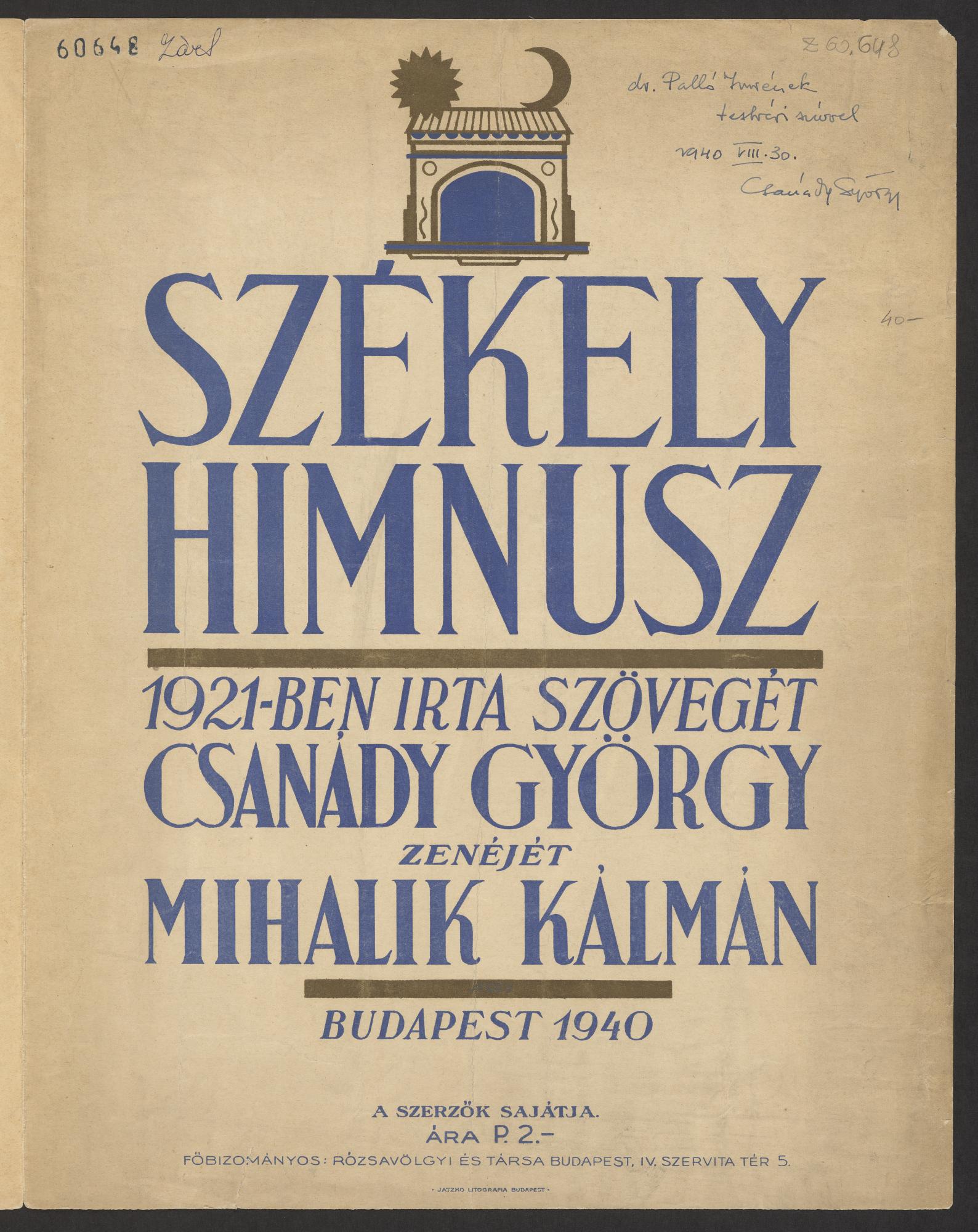 3_2_b Csanády György dedikációja Palló Imrének a Székely himnusz kottájának címlapján (OSZK)
