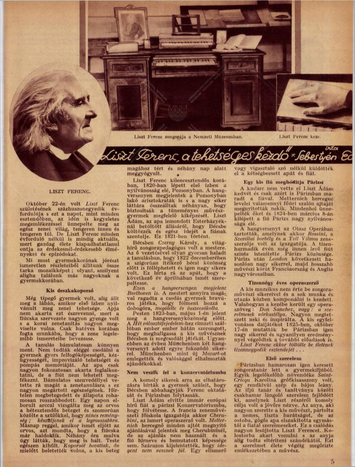 Liszt Ferenc zongorája a Nemzeti Múzeumban. Tolnai Világlapja, 1932. november 9., 5.