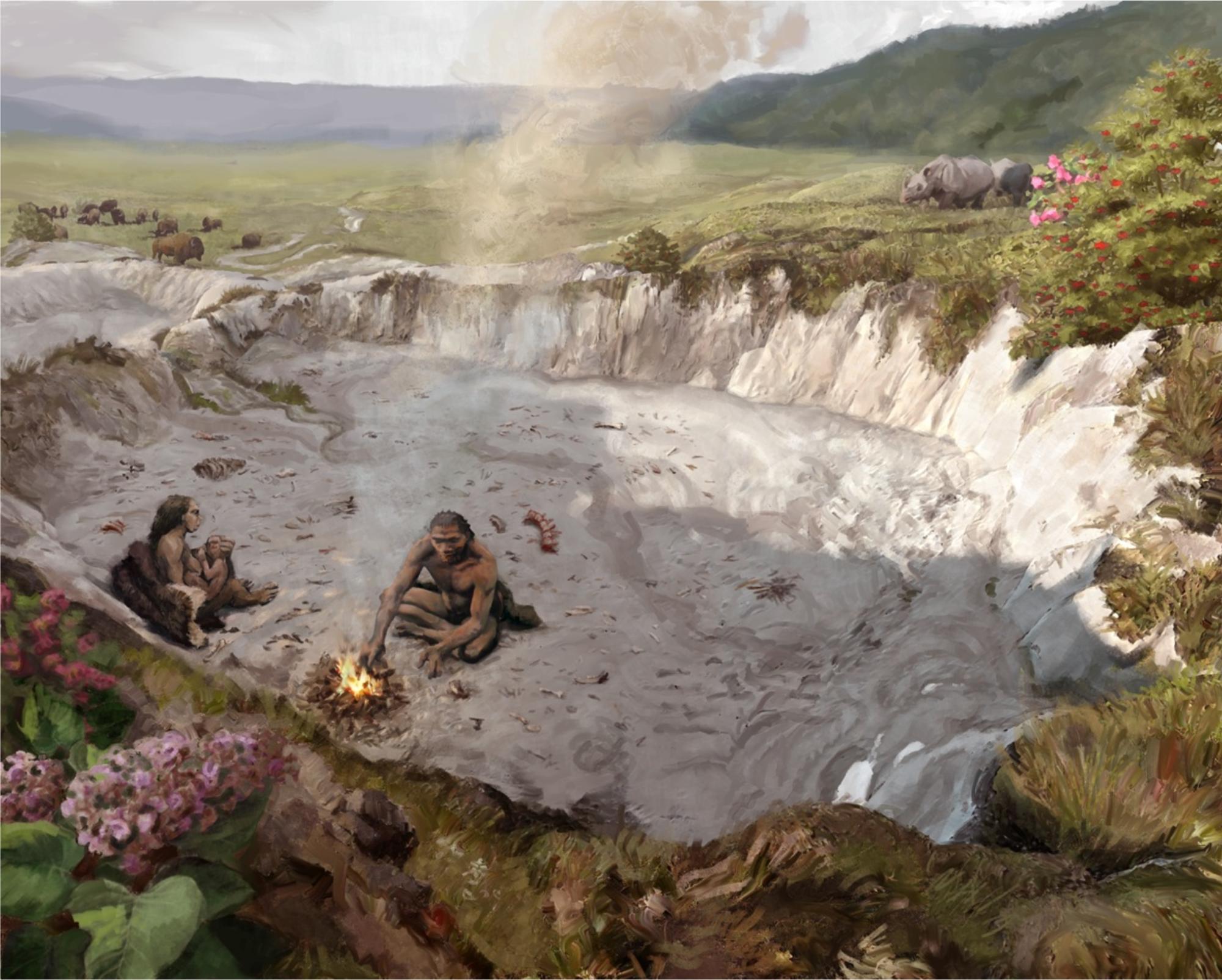 320 000 éves életkép - ember a mésztufa medencében (Grafika: Gauder Áron)