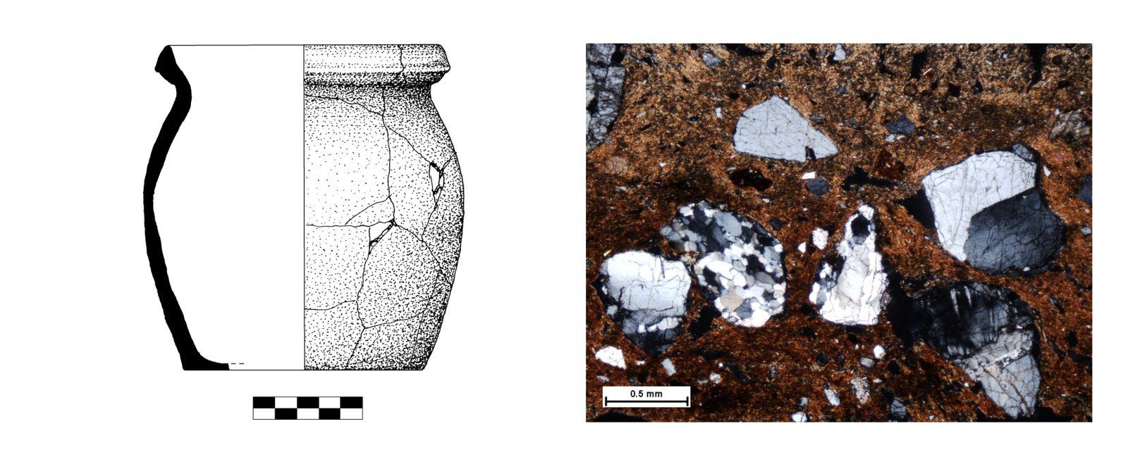 Azonos nyersanyagú Árpád-kori fazekak és vékonycsiszolataik mikroszkópos képe
