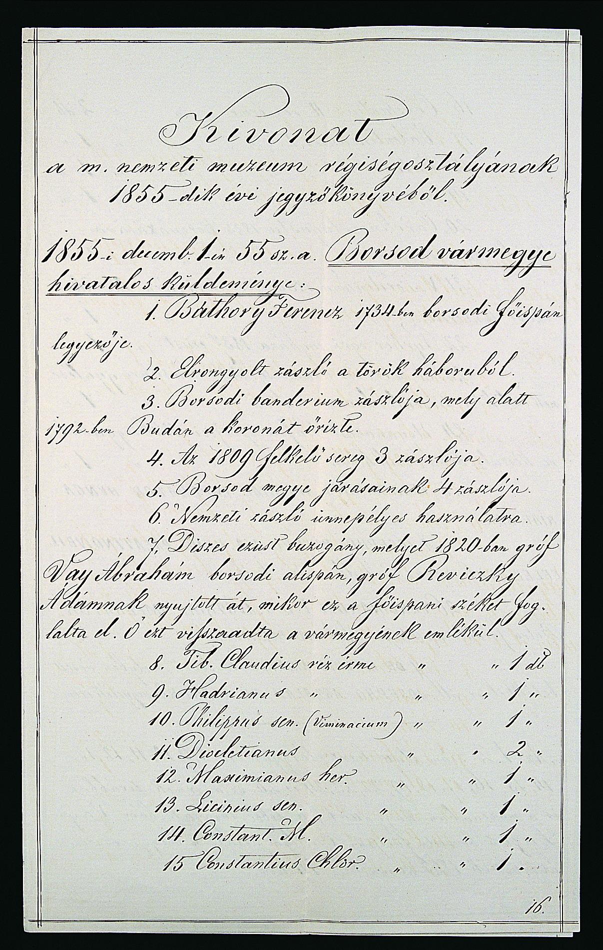 Borsod vármegye által a Múzeumnak adományozott tárgyak jegyzéke (1855)
