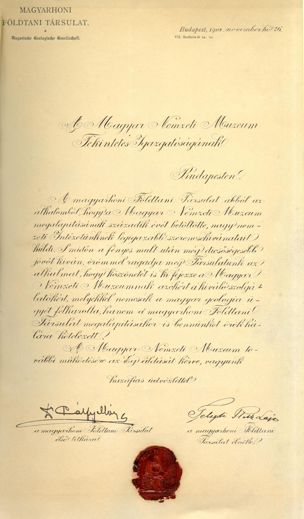 A Magyarhoni Földtani Társulat ünnepi köszöntő levele a Magyar Nemzeti Múzeumnak alapítása 100. évfordulóján (1902. november 26.)