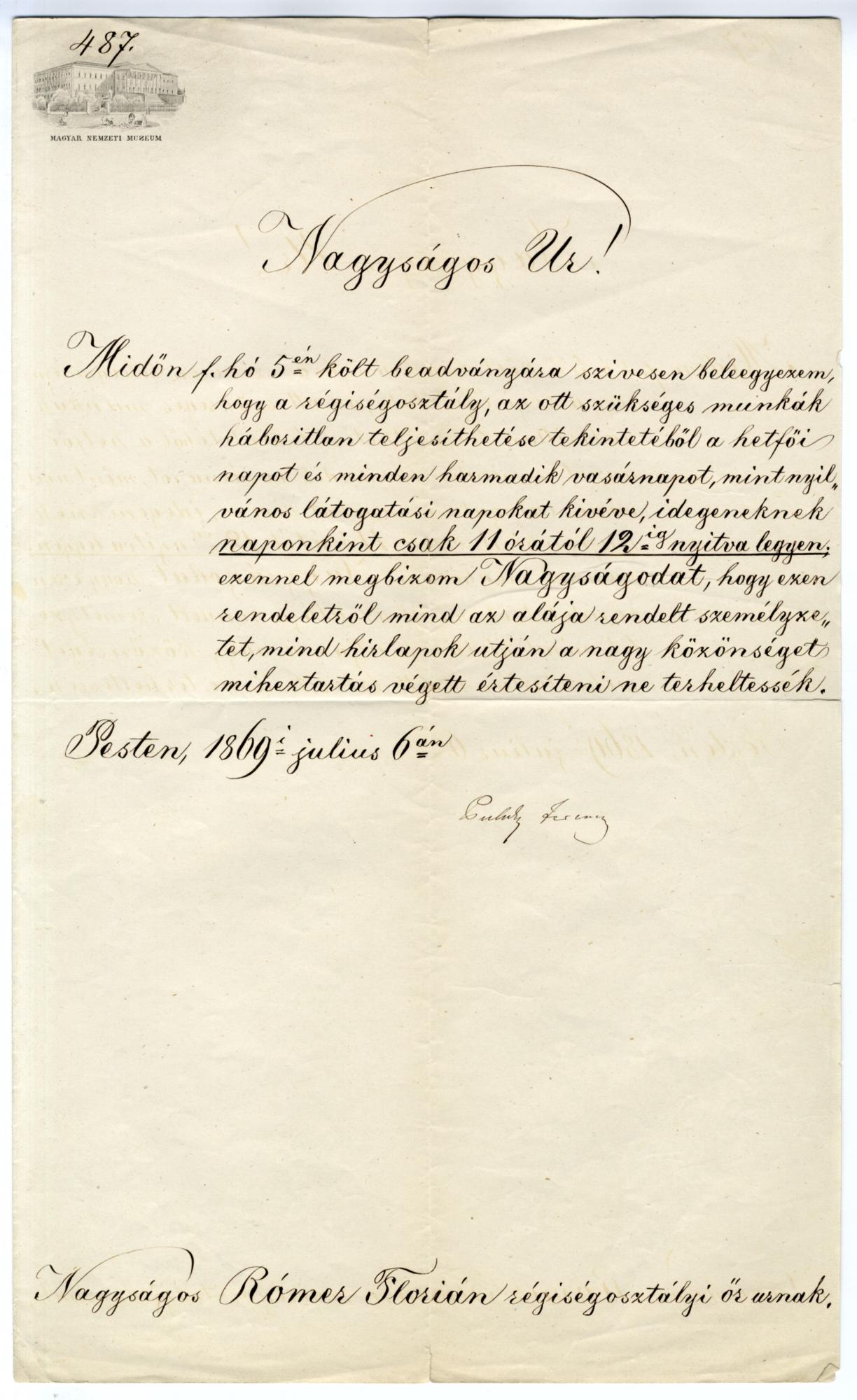 Régiségtár nyitvatartási idejének szabályozása Pulszky Ferenc igazgatótól (1869)