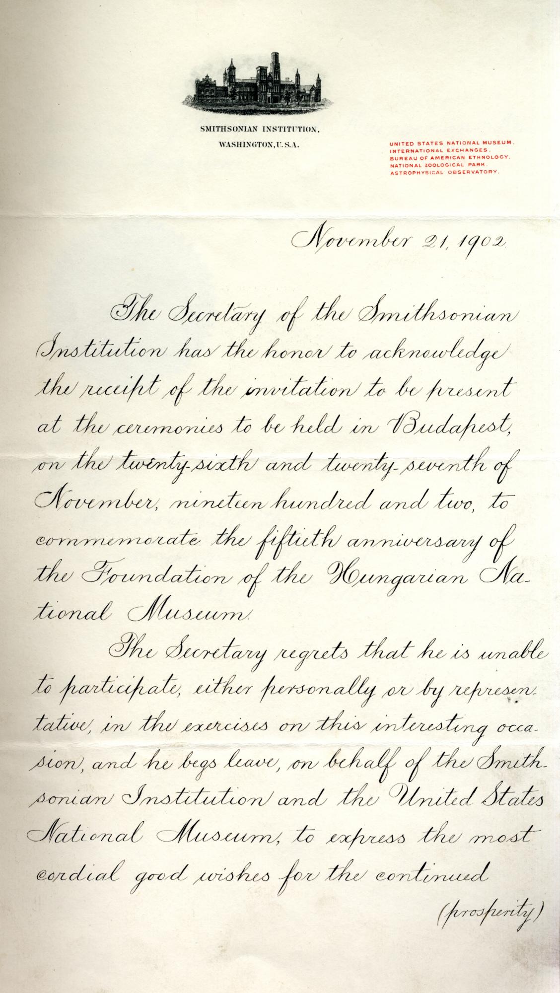A washingtoni Smithsonian Institution ünnepi köszöntő levele a Magyar Nemzeti Múzeumnak alapítása 100. évfordulóján (1902. november 21.)