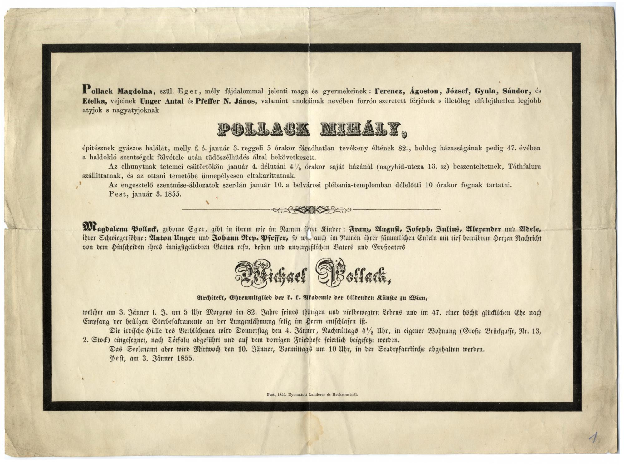 Pollack Mihály gyászjelentése (1855).