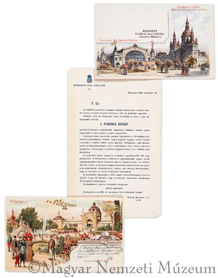 Nyomtatvány és kőnyomatos képes levelezőlapok az 1896. évi ezredéves kiállításról