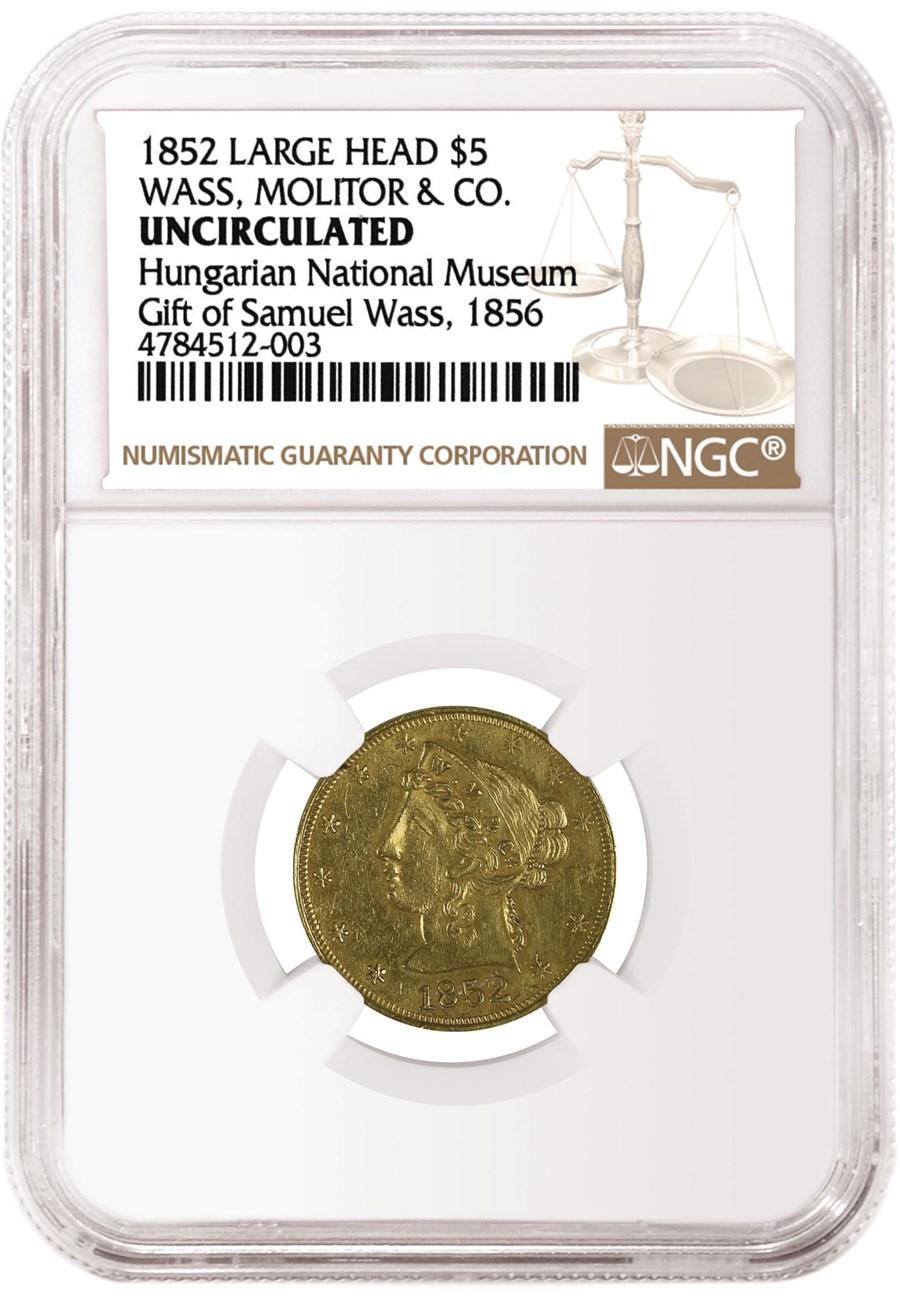 1852-es 5 dolláros_éremtár_NGC_minősített aranypénz