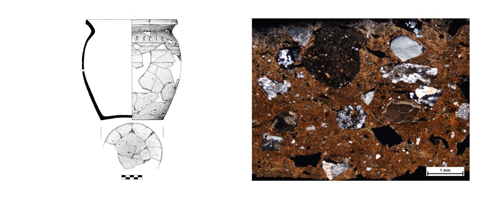 Azonos nyersanyagú Árpád-kori fazekak és vékonycsiszolataik mikroszkópos képe