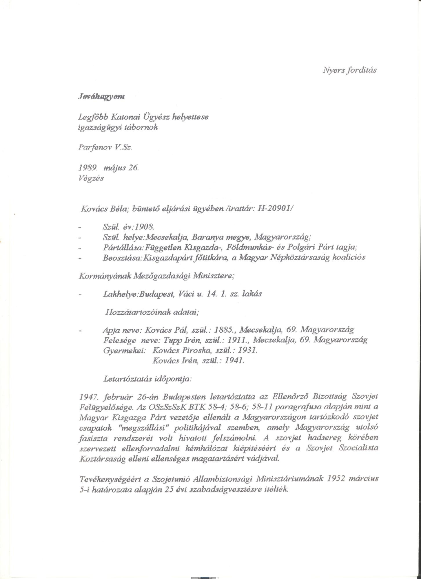 Kovács  Béla rehabilitációs iratai