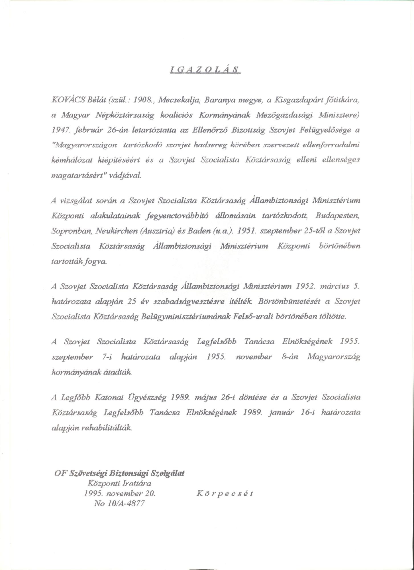 Kovács Béla rehabilitációs iratai 