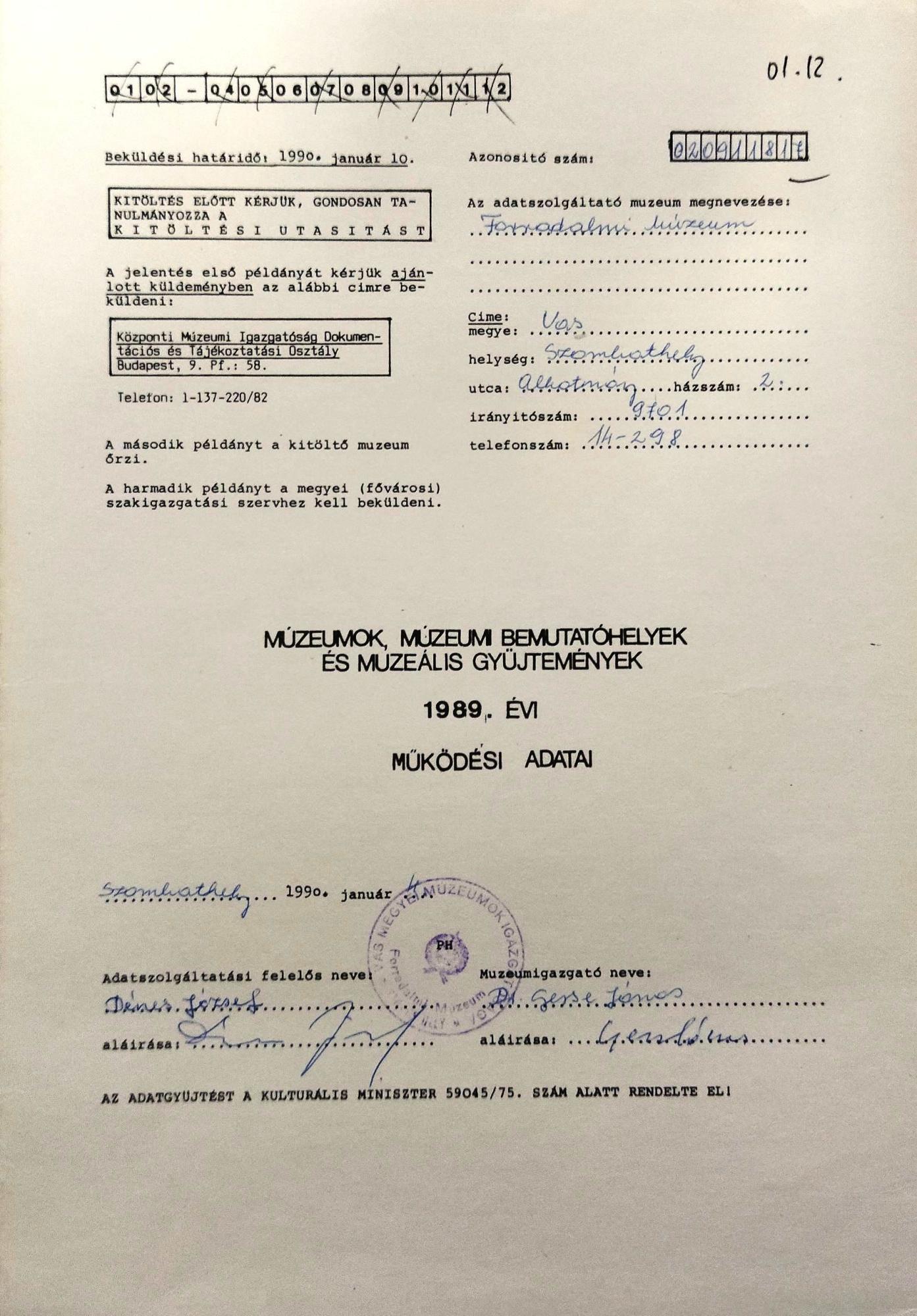 A szombathelyi Forradalmi Múzeum 1989. évi működési adatait tartalmazó statisztika