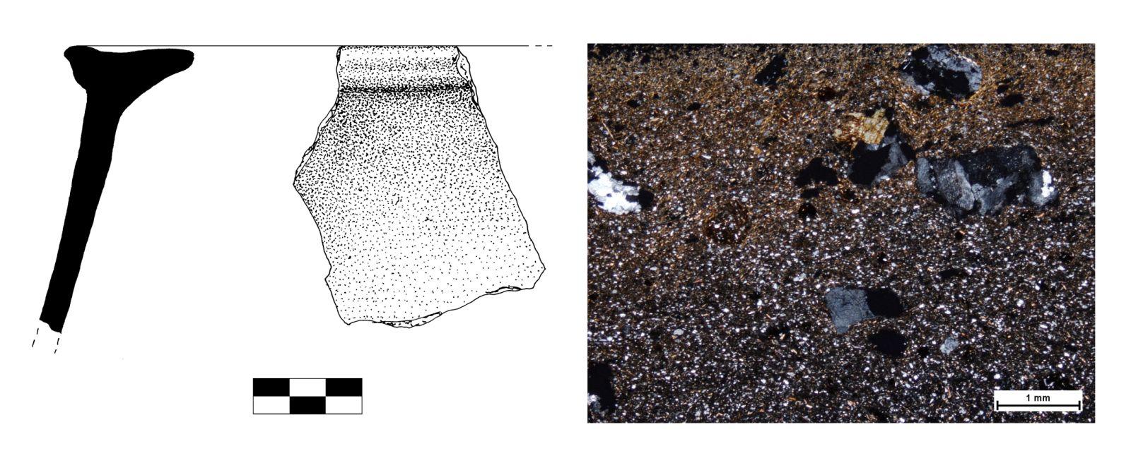 Azonos nyersanyagú Árpád-kori bográcsok és vékonycsiszolataik mikroszkópos képe