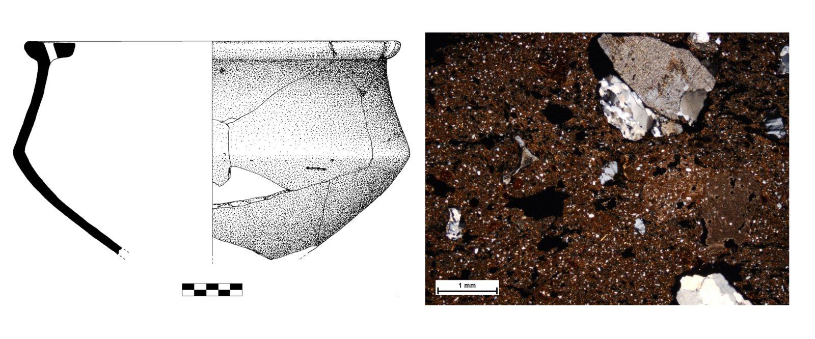 Azonos nyersanyagú Árpád-kori bográcsok és vékonycsiszolataik mikroszkópos képe