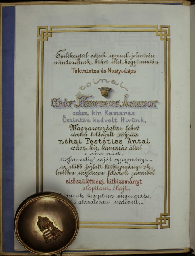 Tolnai gróf Festetics-család hitbizományi oklevele, 1911