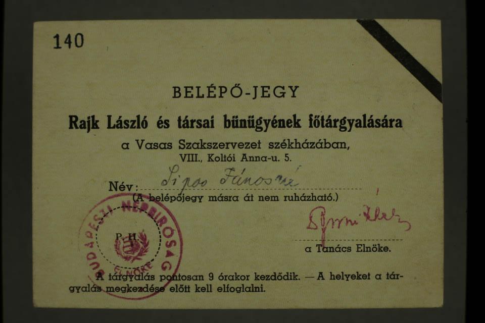 Belépő Rajk László perének főtárgyalására, 1949. szeptember