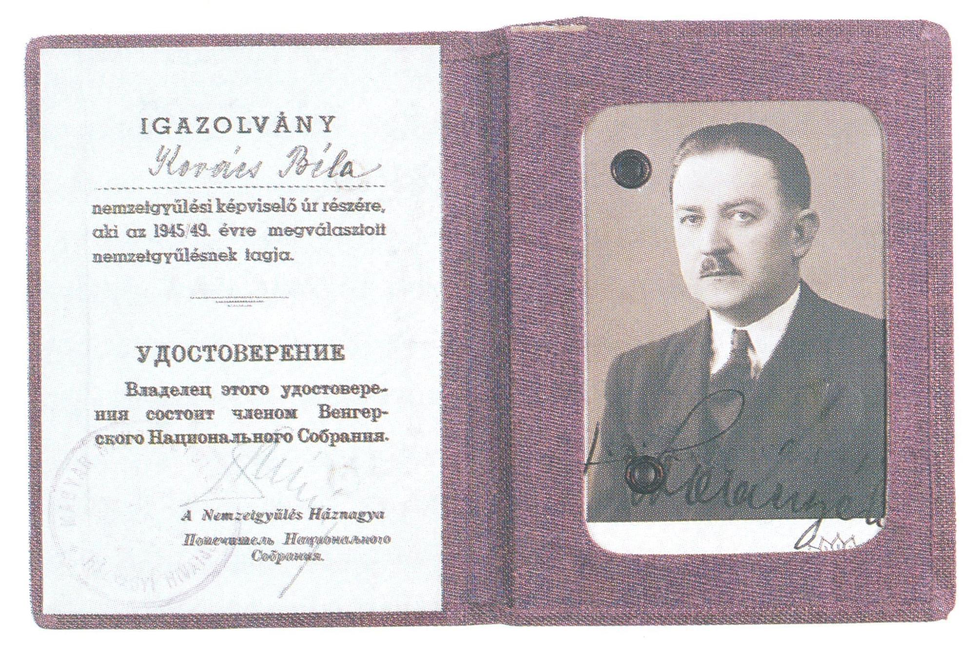 Kovács Béla nemzetgyűlési képviselői igazolványa, 1945.