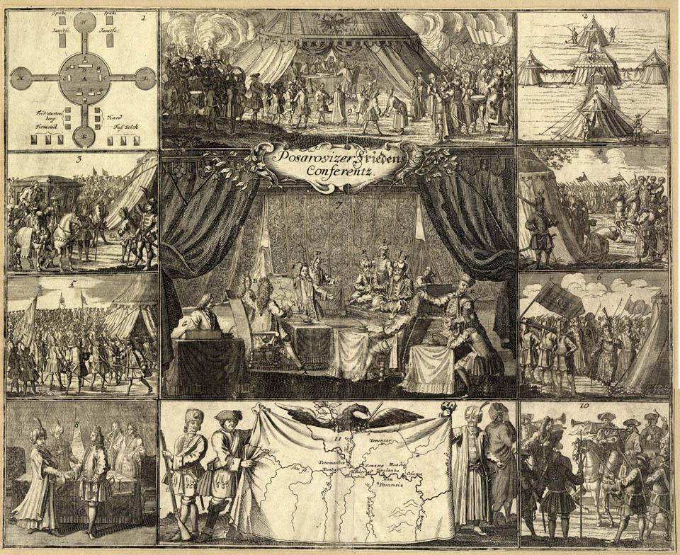 Jelenetek a háborút lezáró pozsareváci béketárgyalásokról a környék térképével, 1718.