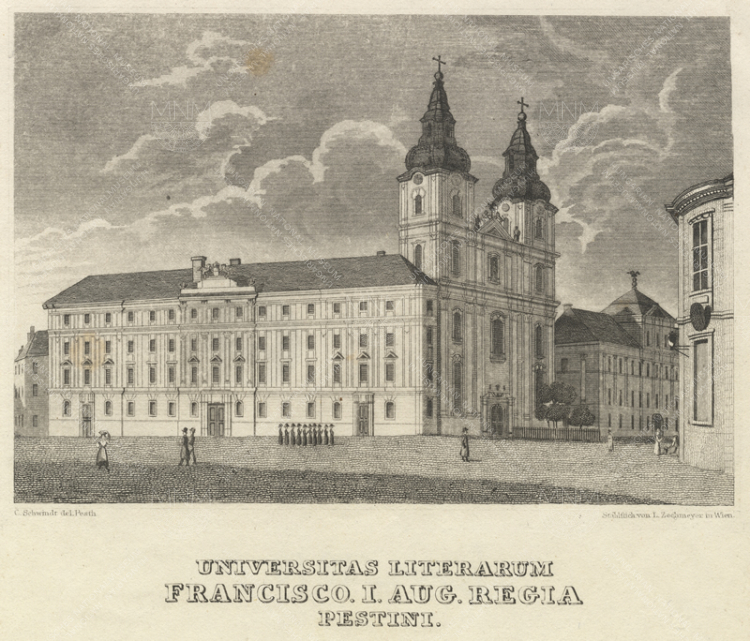 The first two venues of the Hungarian National Museum on both sides of the University (previously Paulite) Church of Pest 