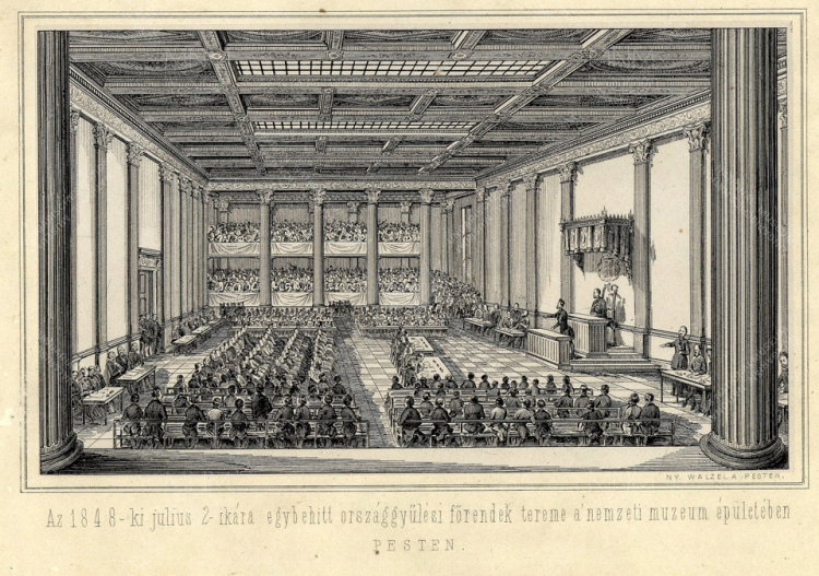 The picture of the Main Hall of the National Museum represented by Ágost Frigyes Walzel's litography from 1848 on the invitation for the members of the Upper House