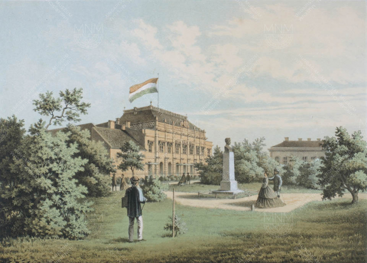 A Múzeumkert Bródy Sándor utcai oldala Kazinczy Ferenc 1861-ben felállított szobrával,  Slowikowski Ádám színes litográfiája, 1865 (ez látható a 20000 forintos bankjegyünkön)