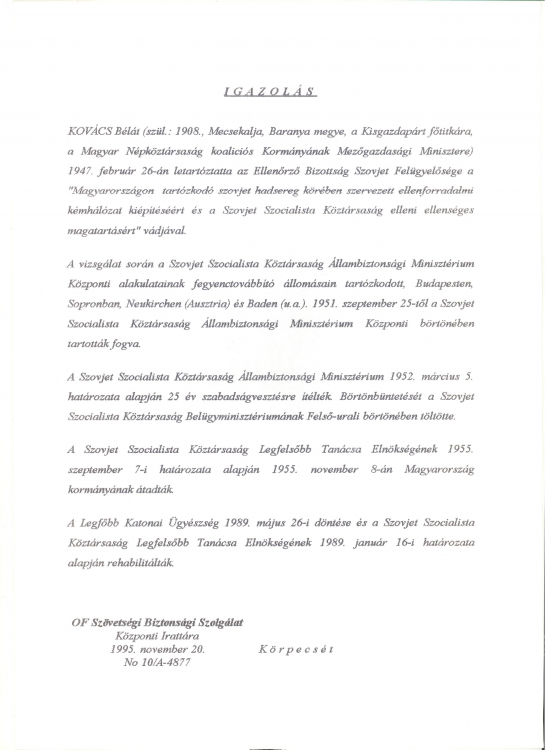 Kovács Béla rehabilitációs iratai