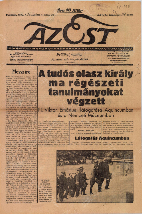 Az Est című folyóirat 1937. május 22. számának beszámolója a Magyar Nemzeti Múzeumi látogatásáról a címlapon.