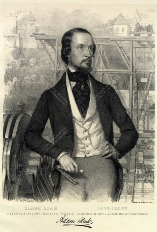 Clark Ádám képmása háttérben a Lánchíd építésével, 1849