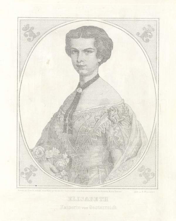 Adolf Mossauer (19. század közepe): Erzsébet királyné portréja, papír, acélmetszet, írásból összeállított „türelmi munka”, 39 x 30,5 cm, Magyar Nemzeti Múzeum, Történelmi Képcsarnok, ltsz.: 56.1214.