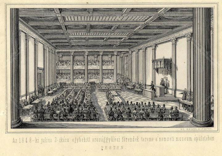 The picture of the Main Hall of the National Museum represented by Ágost Frigyes Walzel's litography from 1848 on the invitation for the members of the Upper House