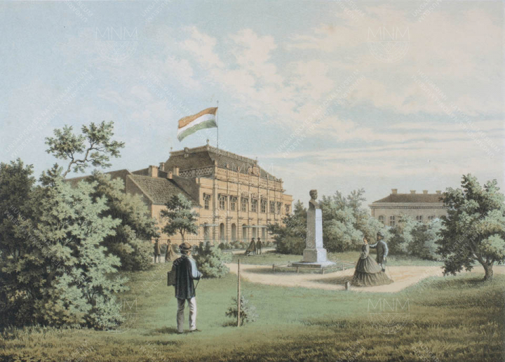 A Múzeumkert Bródy Sándor utcai oldala Kazinczy Ferenc 1861-ben felállított szobrával,  Slowikowski Ádám színes litográfiája, 1865 (ez látható a 20000 forintos bankjegyünkön)