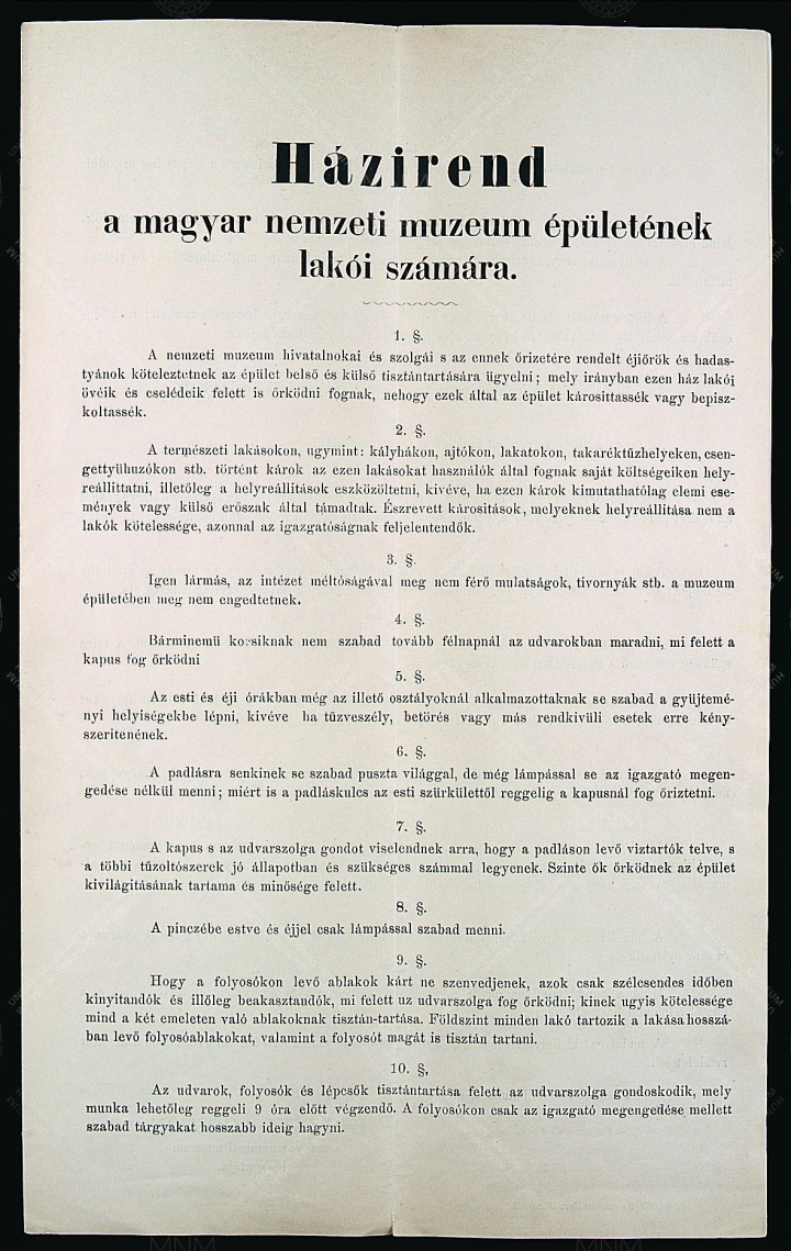 A Magyar Nemzeti Múzeum első nyomtatott házirendje (1860)