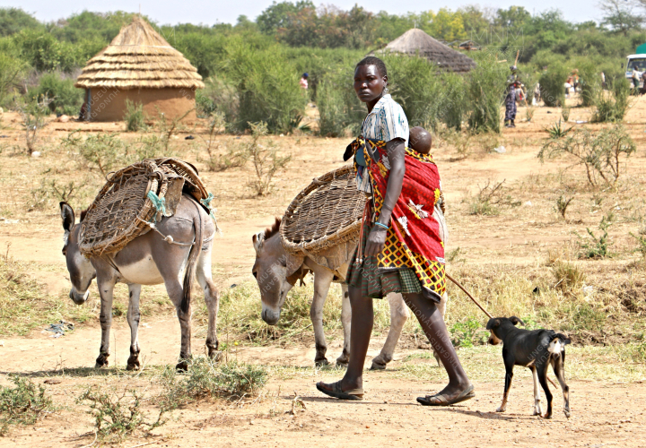 Karamojong nő háttérben a hagyományos alakú házakkal